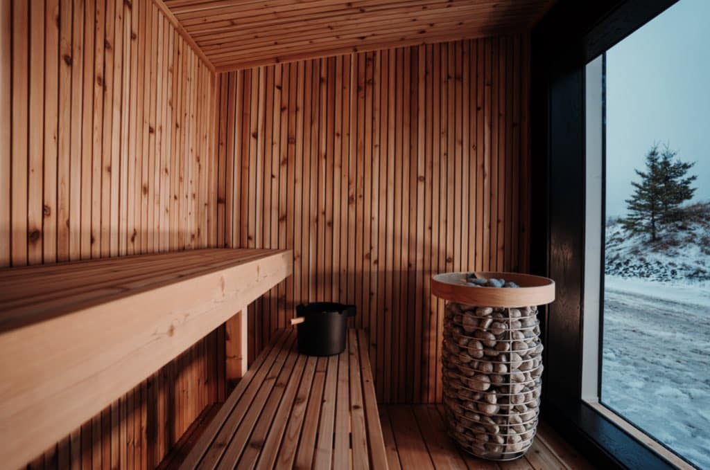 Inside a Model 5 Sauna in the tuxedo colorway.