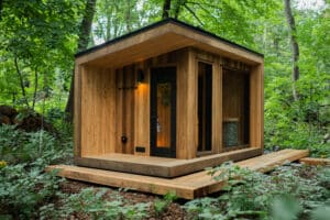 A Cedar & Stone Model 5+ Outdoor Sauna in thermally-modified ash siding surrounded by green trees and landscaping in the client's backyard.